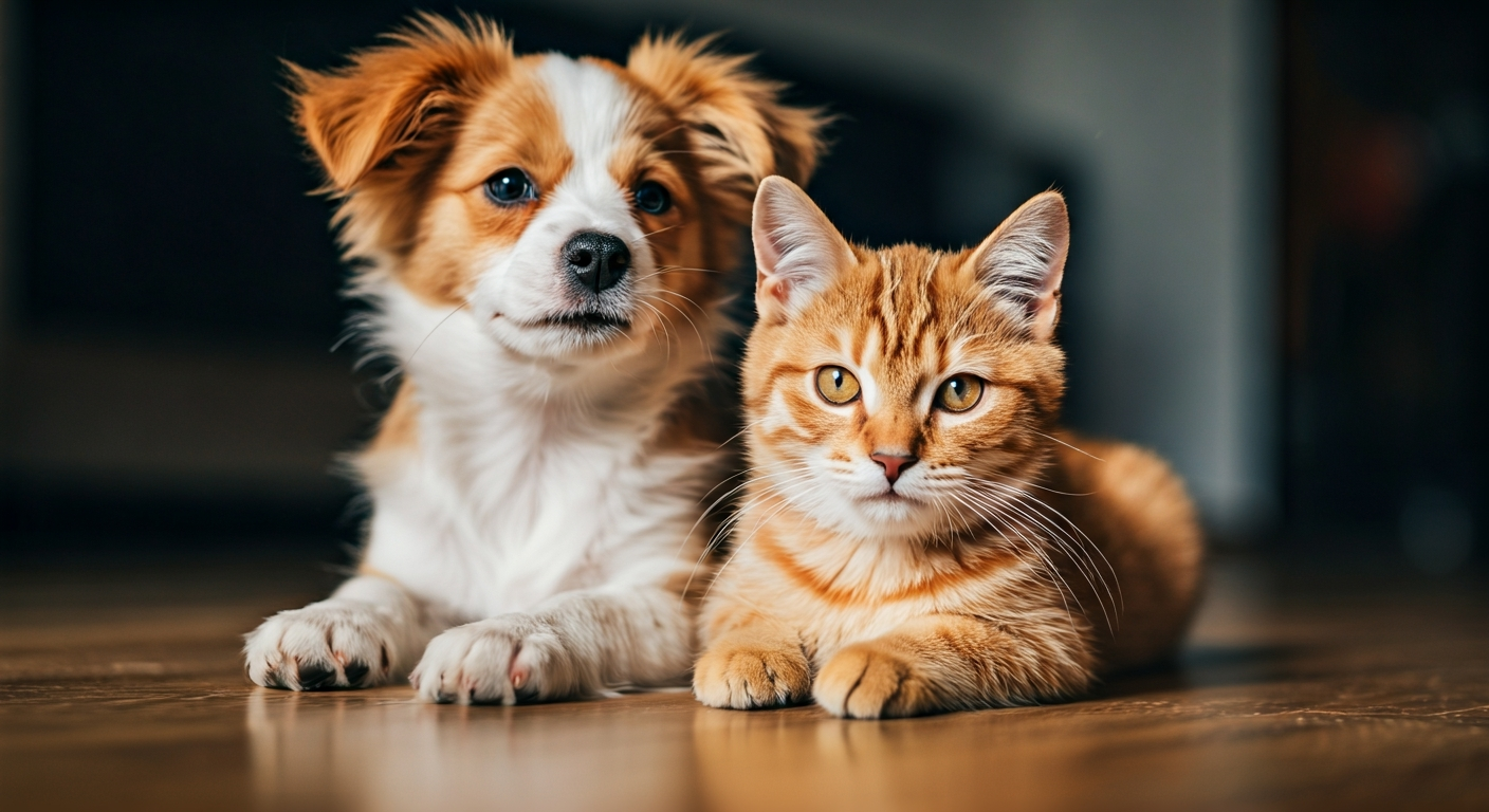 dog and cat next to each other wooden floor